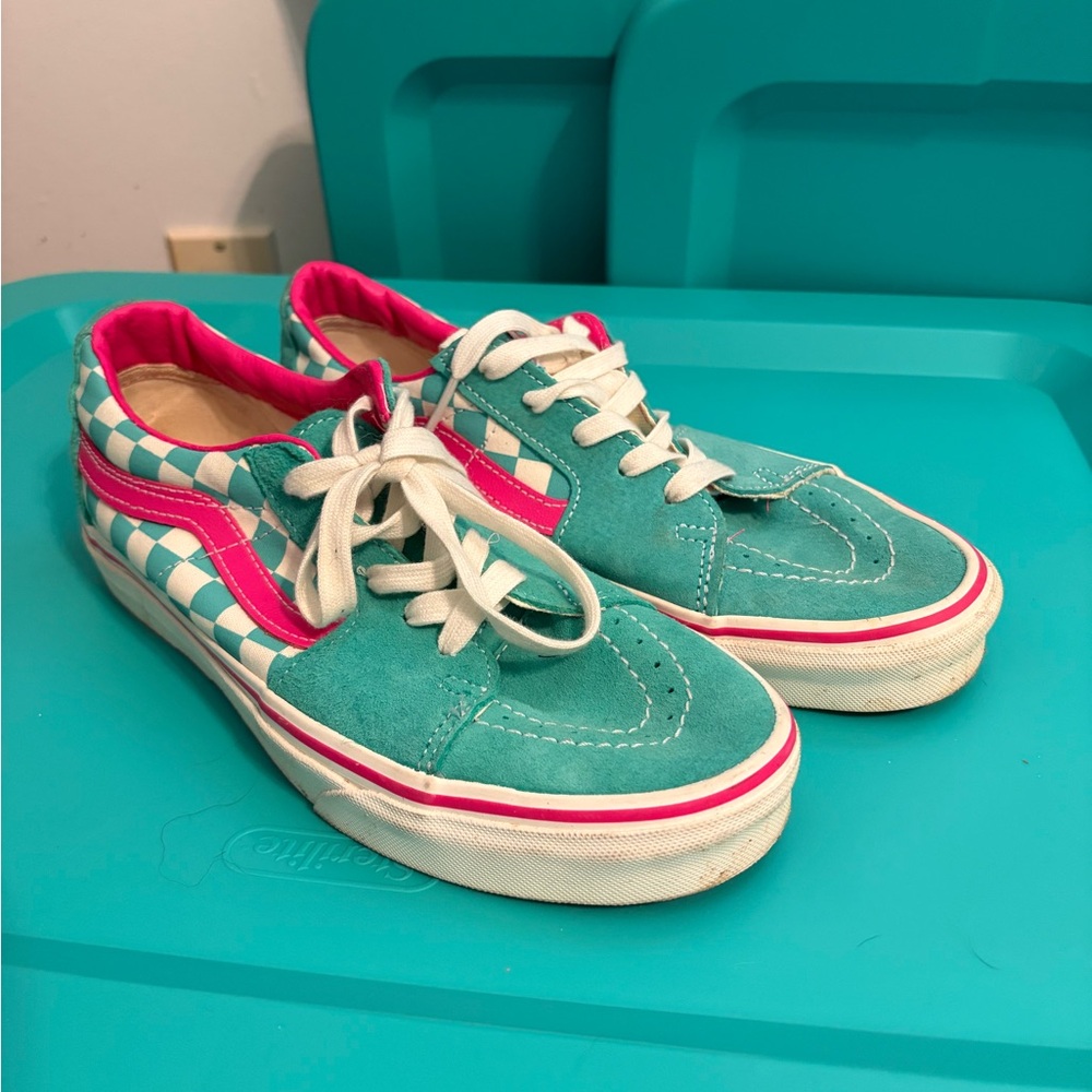 Vans Teal and Hot Pink Checkerboard Lace-Up Sneakers